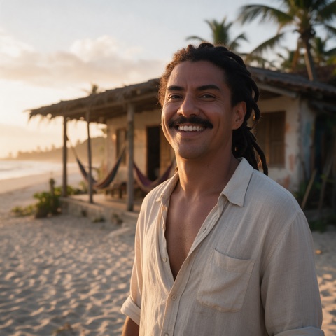 O dono da Pousada Maré Mansa, sorrindo na areia em frente à pousada